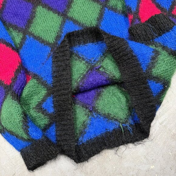 Vintage Eaton Mohair Sweater Fuzzy Knit Diamond Colorful Pullover Large - Picture 6 of 6